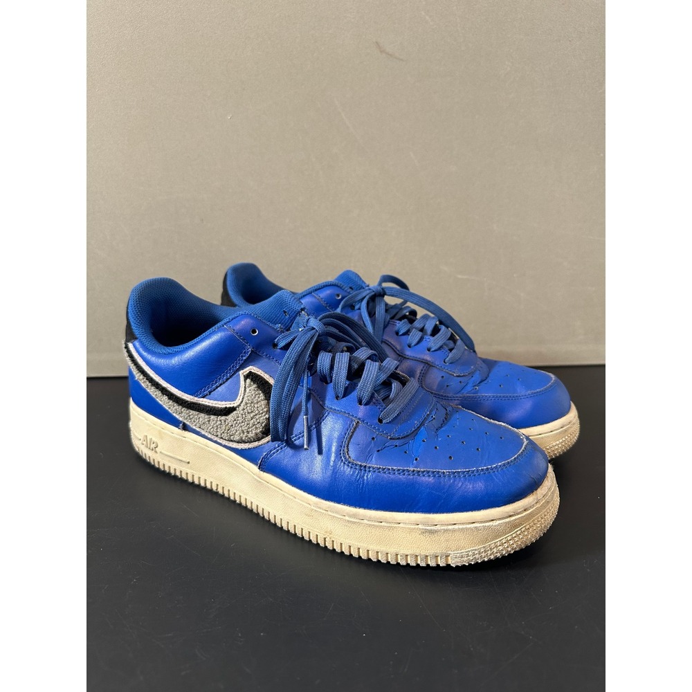 Nike Air Force 1 Low Blue Leather Chenille Swoosh Sneakers‎ Mens 11.5